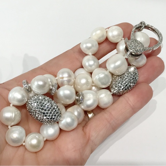 Real 14mm Pearl Necklace Large CZ Clasp Pave Crystal 21" Hand Knotted Chunky VTG - Picture 7 of 15